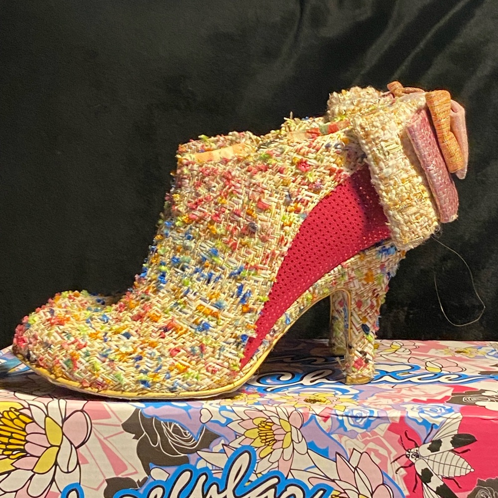 Irregular Choice”Baby Beauty”pink/multi tweed booties,back bow, original box,7.5 - Picture 5 of 11